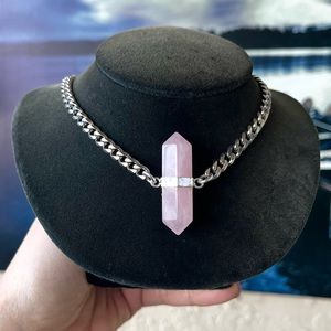 Rose quartz crystal gemstone on stainless steel cuban adjustable choker necklace